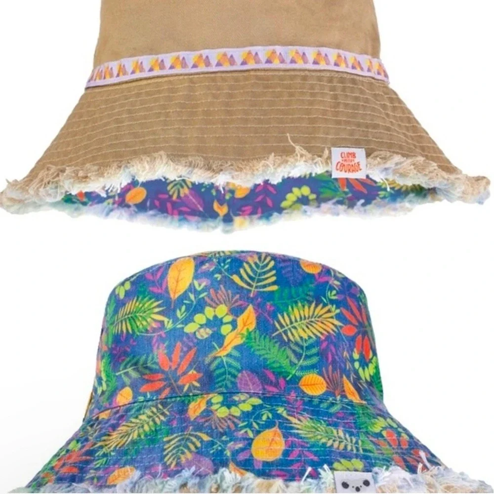 Little Brownie Bakers Reversible Tropical Leaf Bucket‎ Hat Blue Tan Frayed Edge